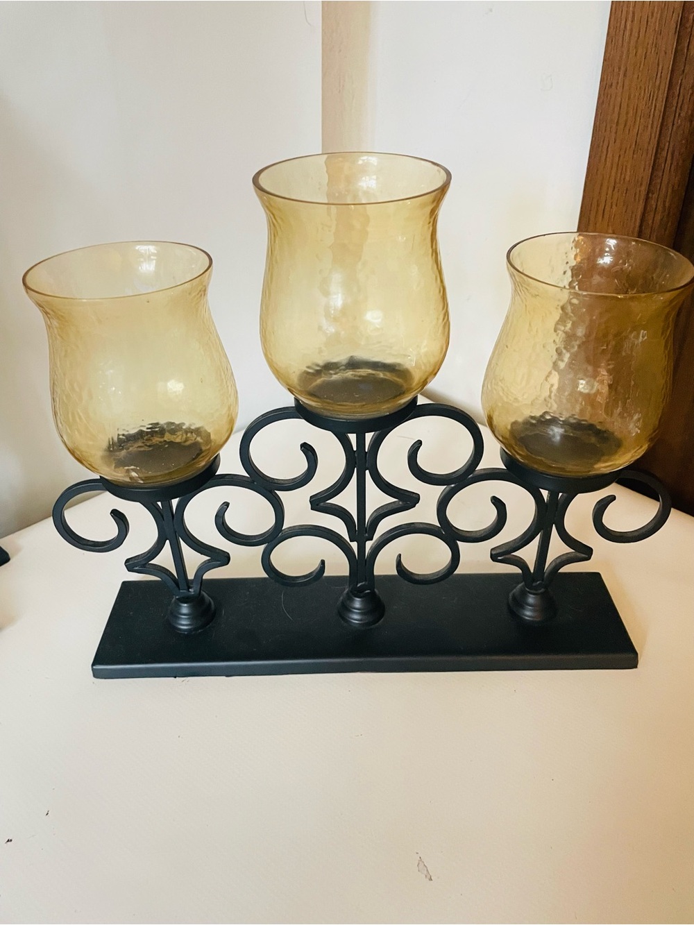 Hobby Lobby Amber Glass Triple Votive on Black Metal Scroll Stand
